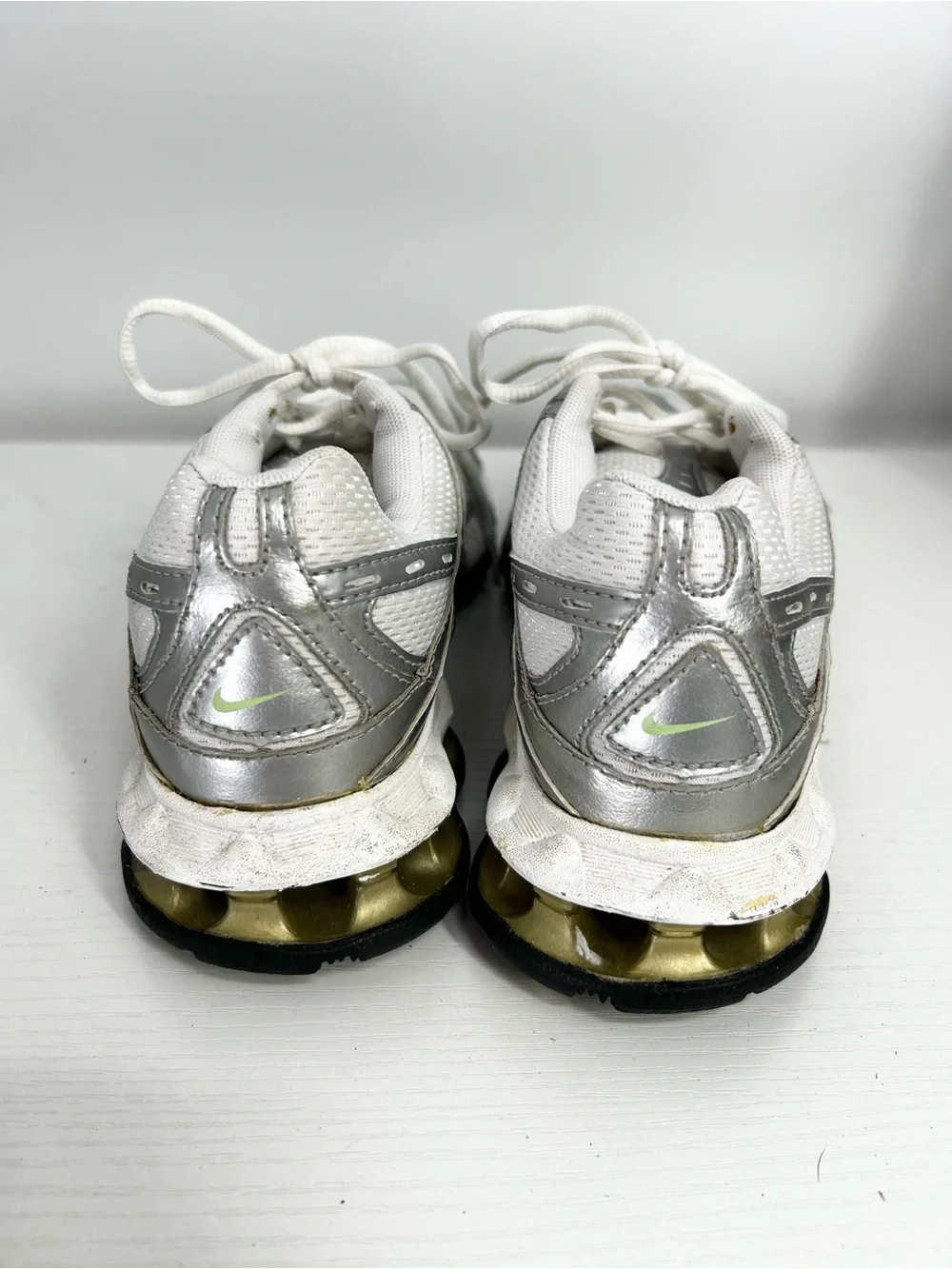 Nike size 8 Women's White & Silver Running Shoes with Lime Accent